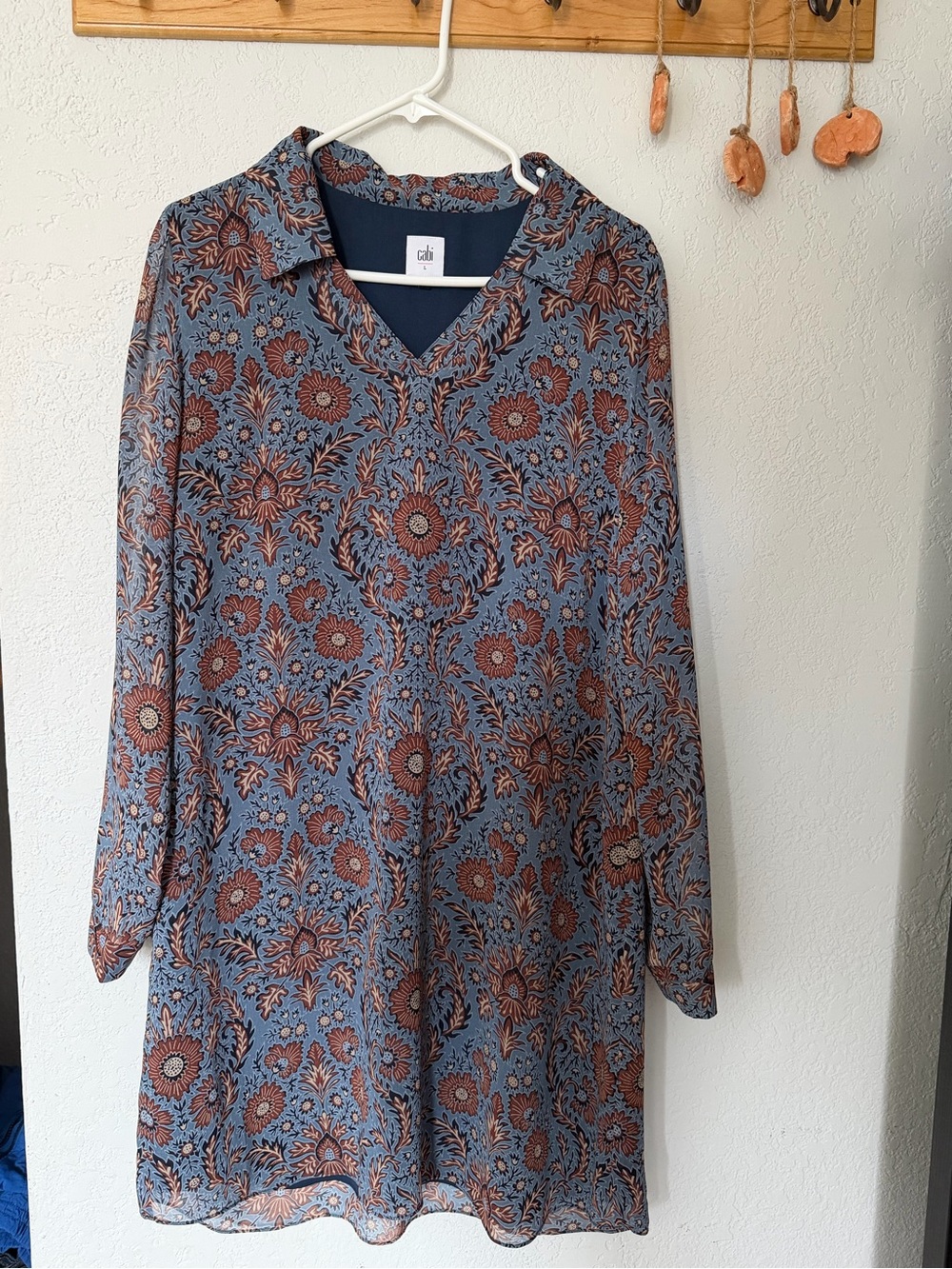 CAbi Navy and Rust Floral V-Neck Blouse